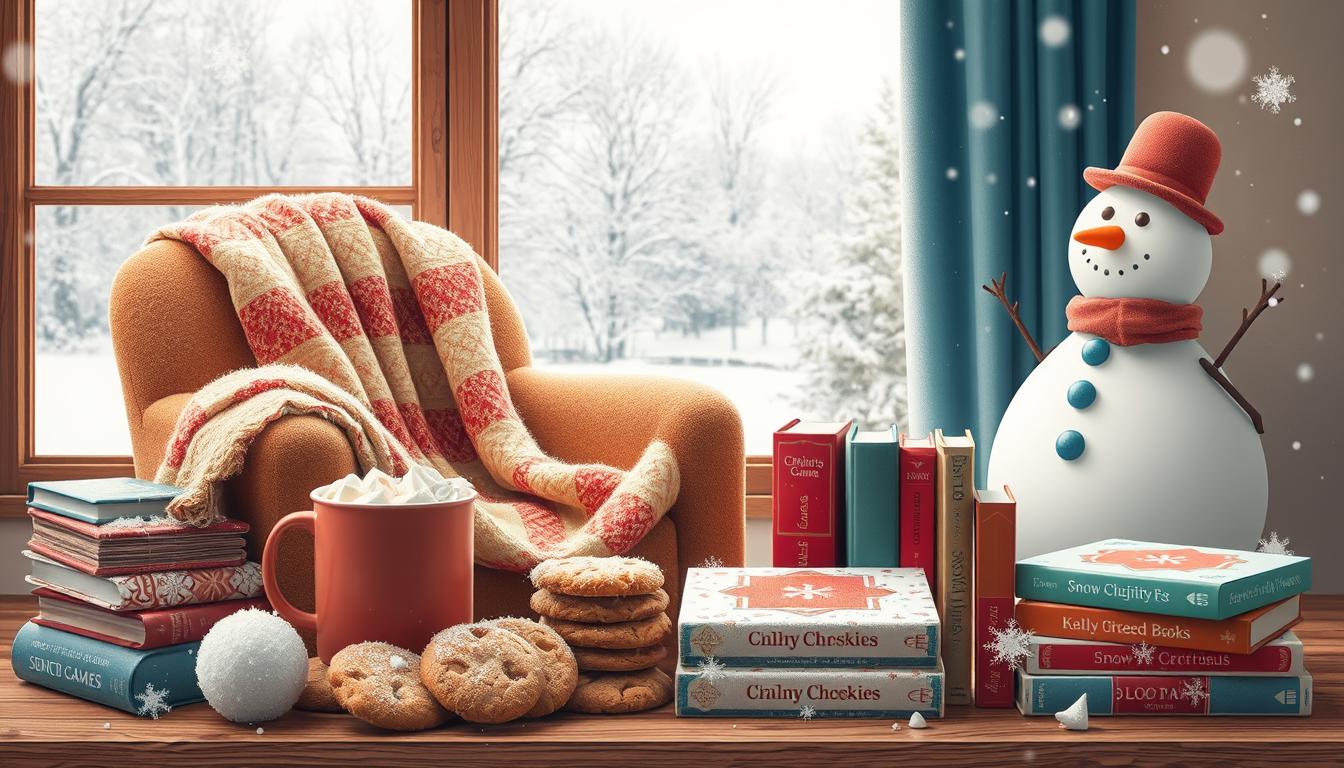 An image of "snow day supplies" featuring a cozy and inviting scene with various winter essentials. Include a warm blanket draped over a comfortable chair, a steaming mug of hot cocoa with marshmallows, a pile of freshly baked cookies, a stack of board games, and a row of favorite books. Add in a snowy window view with falling snowflakes and a snowman standing cheerfully outside. The overall image should feel inviting and relaxing, evoking the excitement of a snow day spent indoors with loved ones.