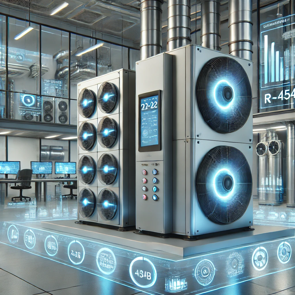 Futuristic HVAC system with smart, connected units displaying holographic diagnostics, variable-speed compressors, and R-454B refrigerant tanks in a modern building environment, symbolizing energy-efficient and tech-forward climate control.