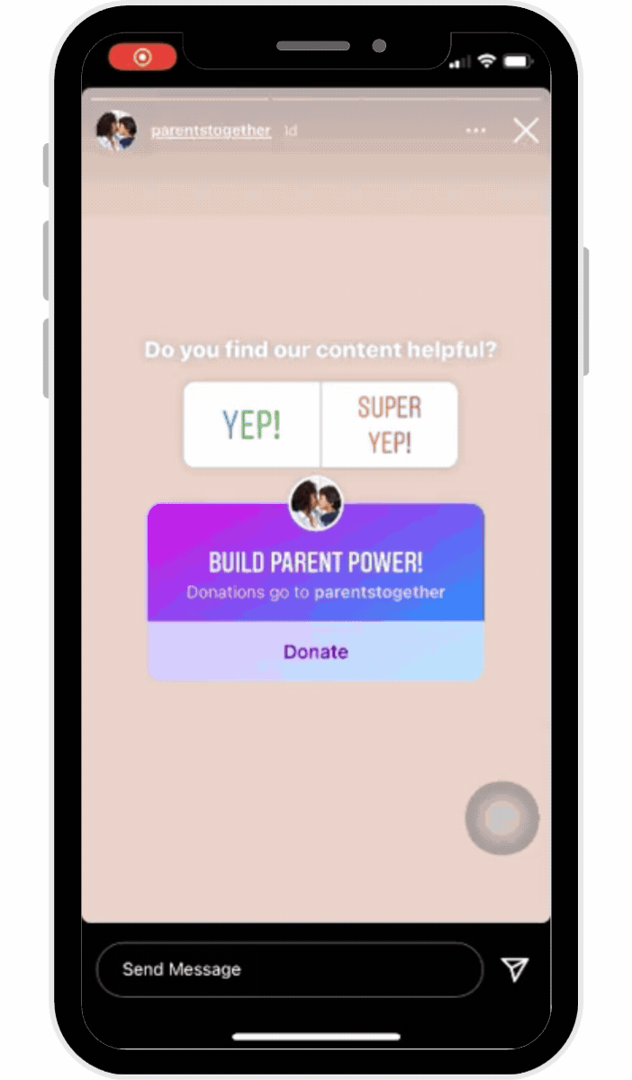 ParentsTogether uses its Instagram Stories to encourage donations for its fundraising drive.
