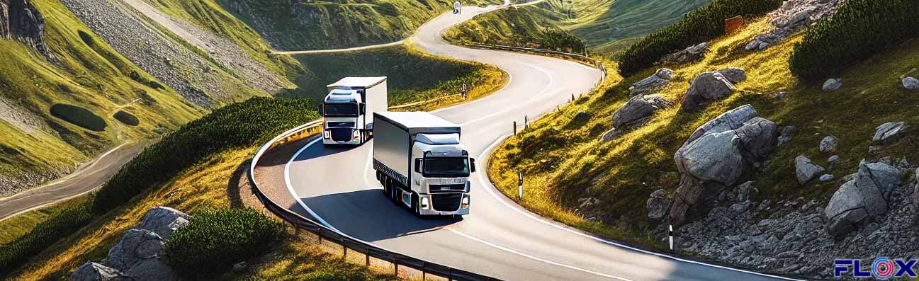 Two trucks driving a road in the hillside