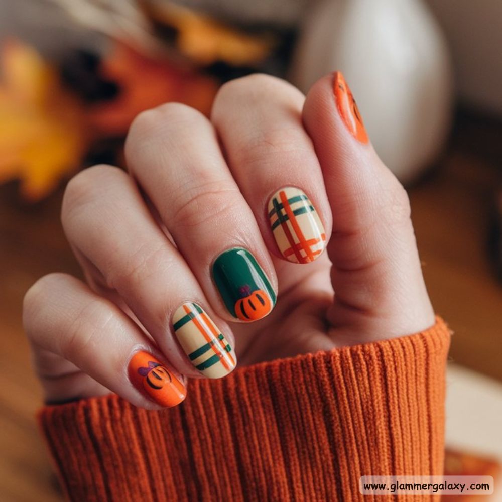 Thanksgiving Nail Designs having Plaid with Pumpkin Nail Art
