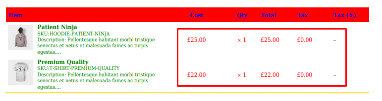 Customized Invoice Product List Table Demo 