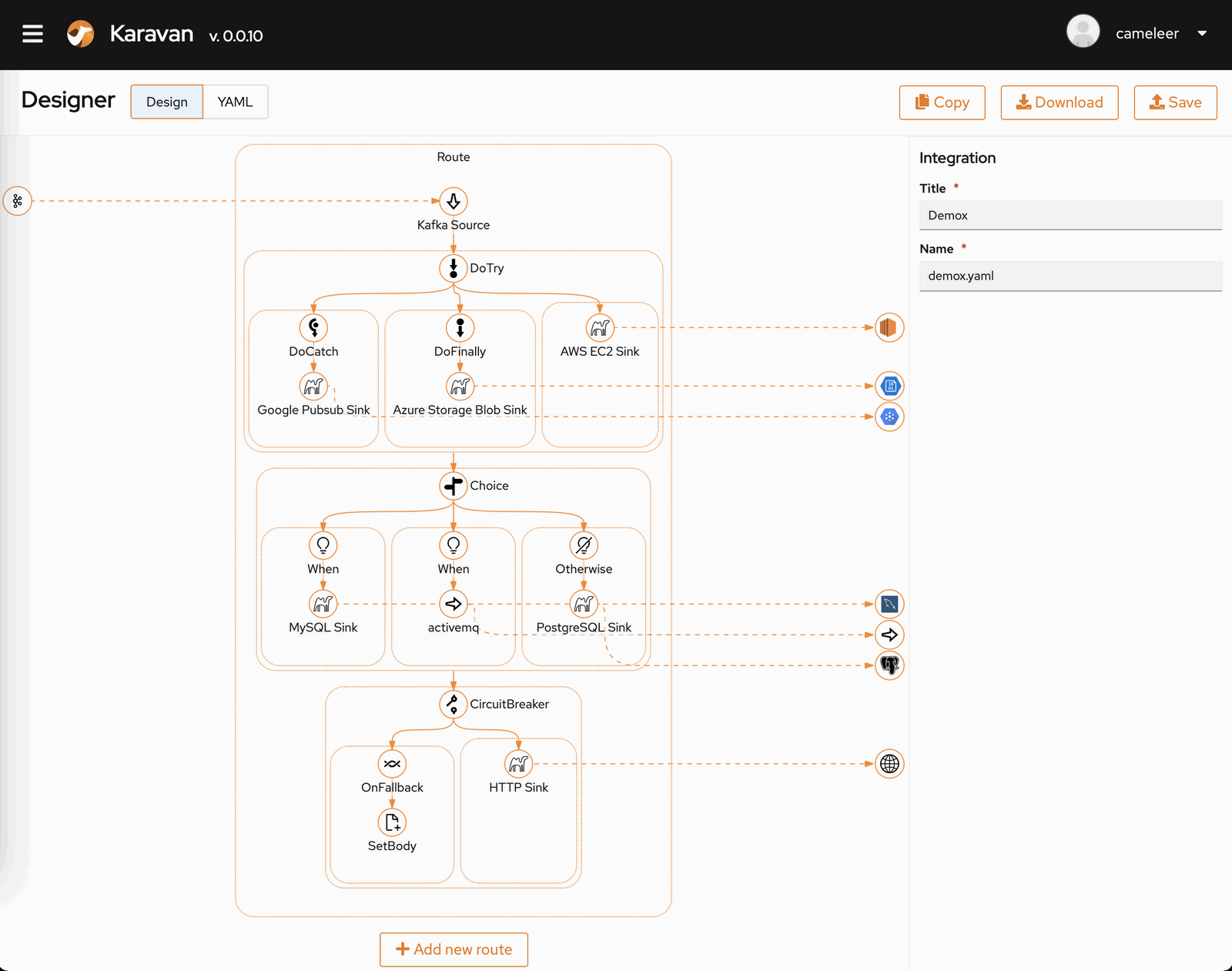 Karavan provides an UI to Apache Camel platform