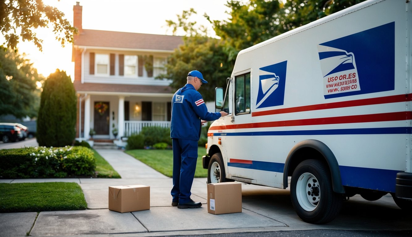 A USPS delivery truck parked outside a house, with a package left on the doorstep and a mail carrier scanning a barcode