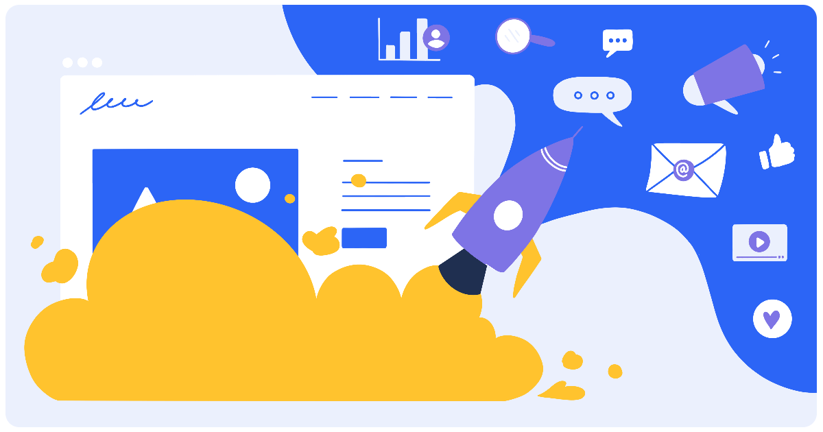 Illustration showing the growth of a website through digital marketing, with upward graph and online marketing icons