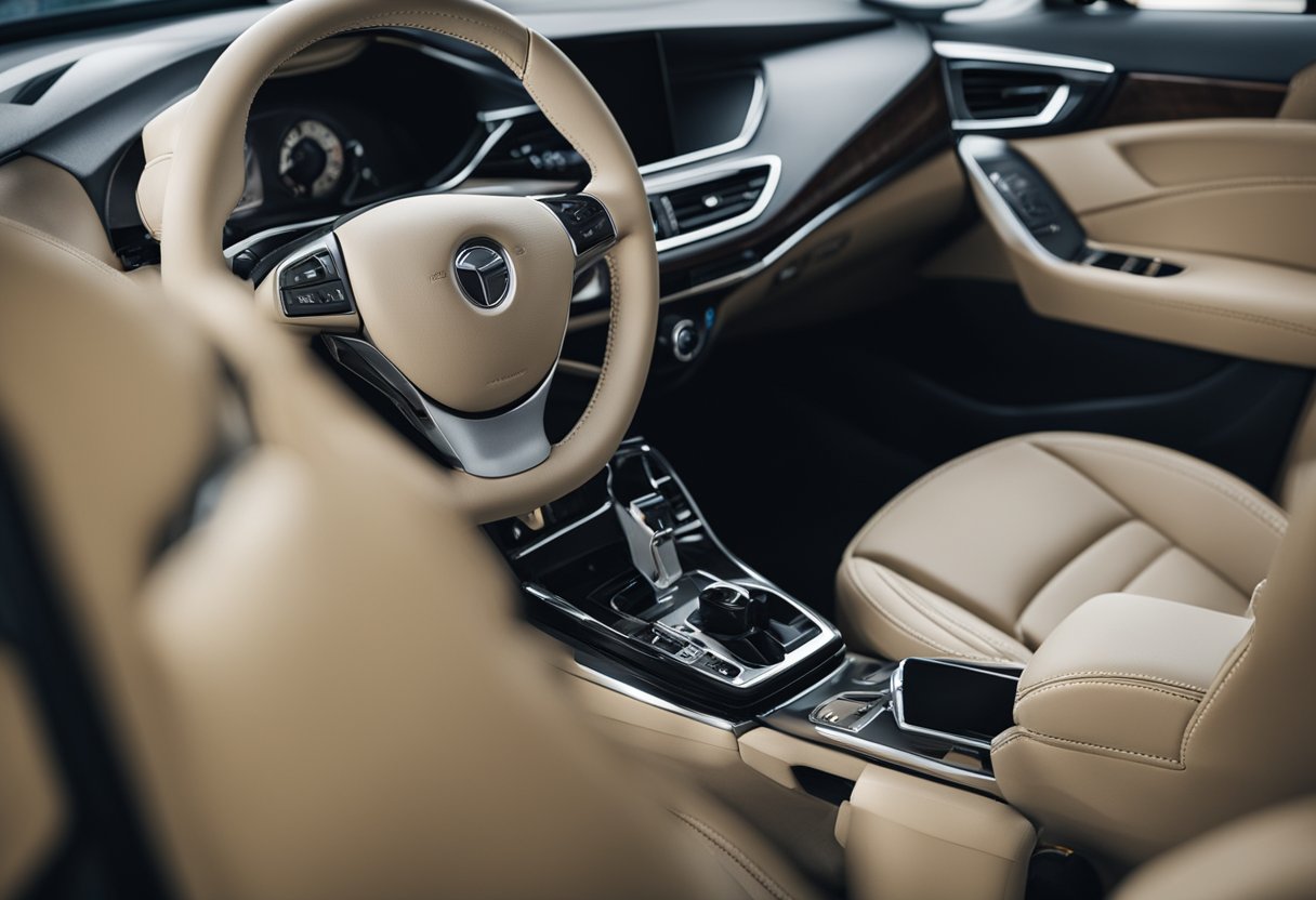 A car interior with deployed airbags, showing signs of burn damage