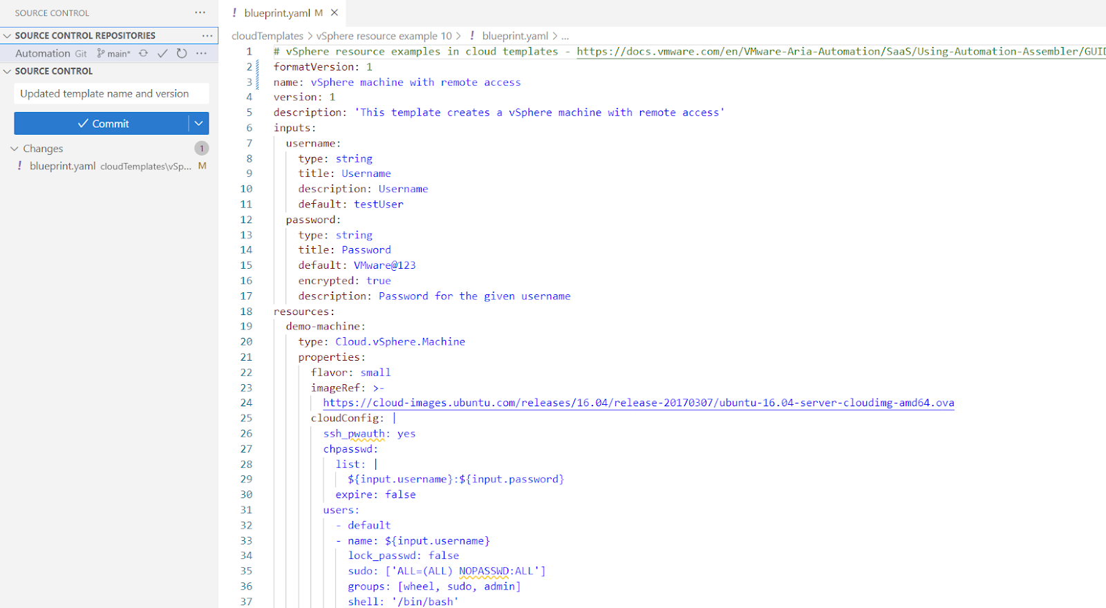 VMware Cloud Foundation Automation template YAML in VS.code is committed to a source-controlled repository.