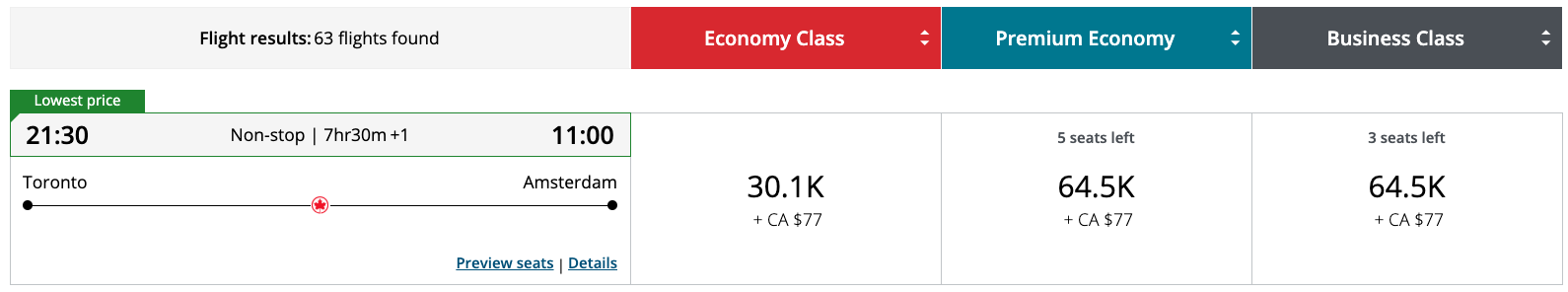 YYZ to AMS on Air Canada with points