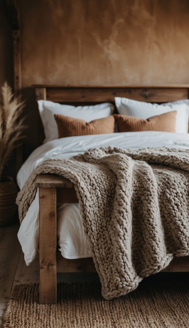 A cozy farmhouse bedroom with a chunky knit throw draped over a rustic wooden bed, surrounded by warm, earthy tones and natural textures