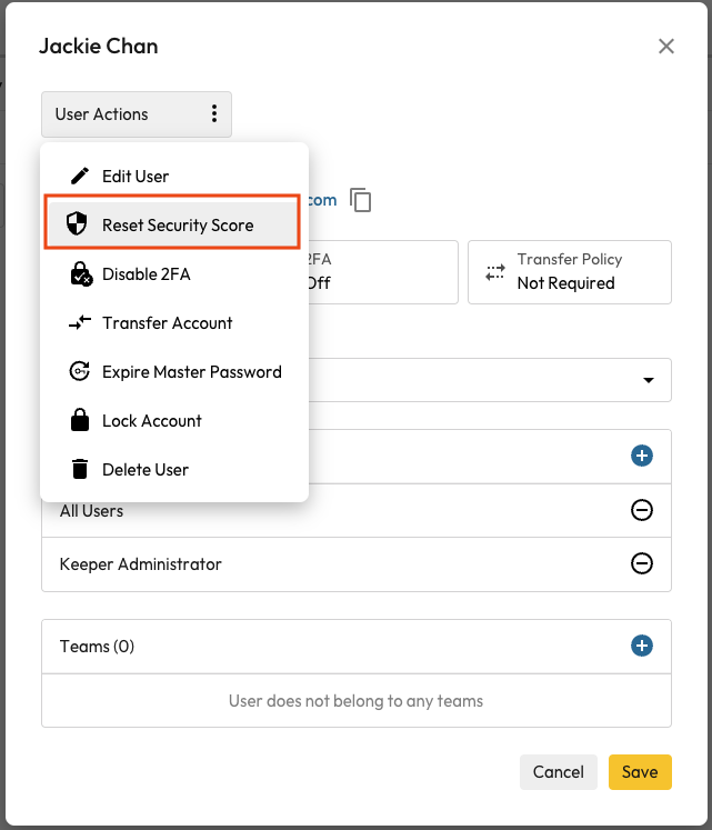 Screenshot showing how admins can now reset security scores within the Keeper Admin Console.