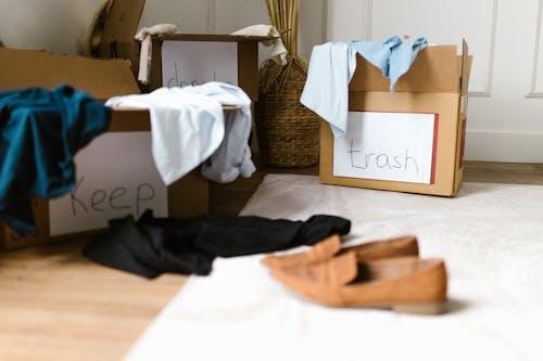 Free Decluttering concept using labeled boxes for sorting clothes in a home setting. Stock Photo