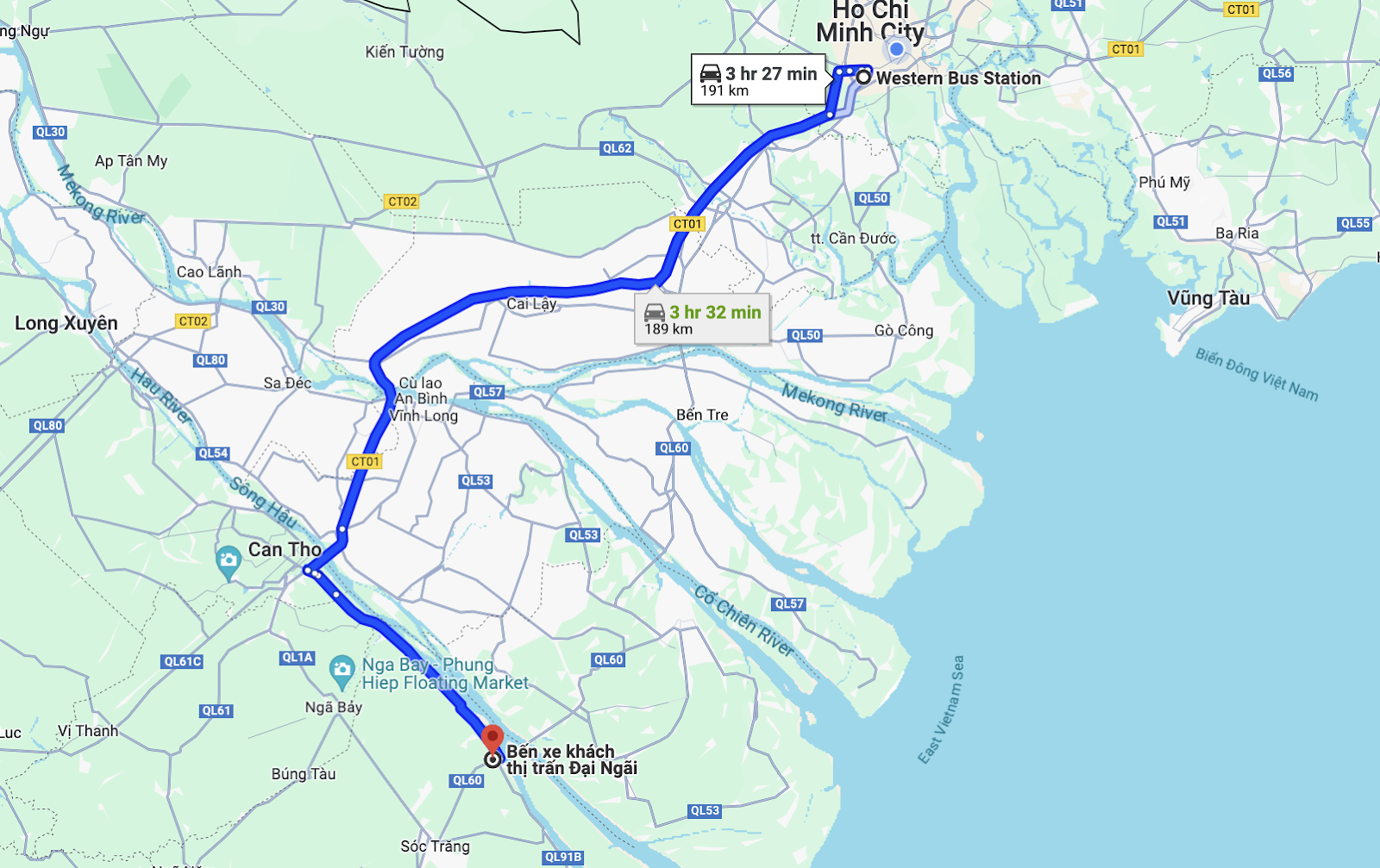 route of my duyen bus from sai gon to soc trang