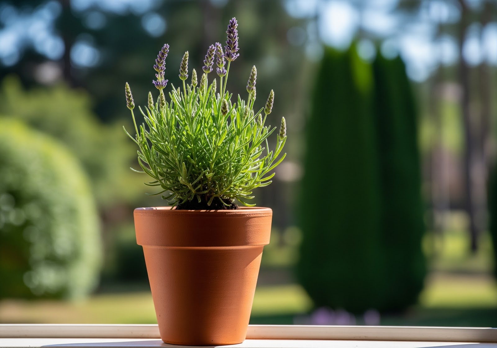Um vaso de terracota com uma muda de lavanda jovem, posicionado em um parapeito de janela ensolarado com um fundo de paisagem borrado.