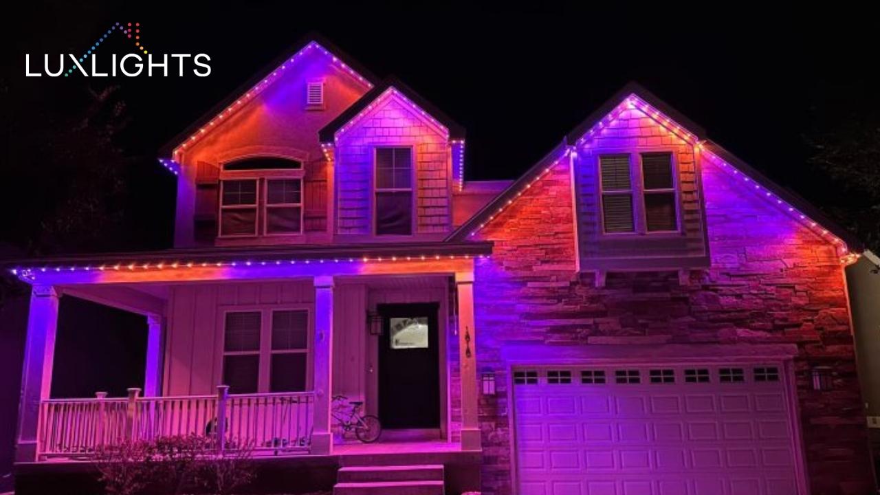 red, orange, and, purple permanent Christmas lights