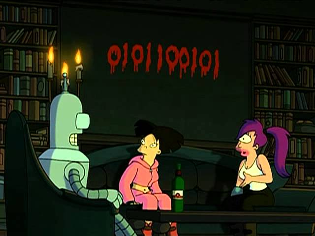 Bender, Amy y Leela en una habitación oscura con velas, mensaje binario en la pared.