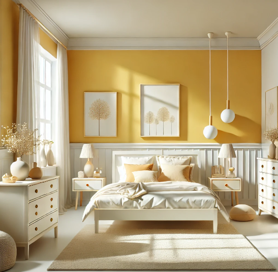 Sunny bedroom with warm yellow walls and white accents for a cheerful vibe.
