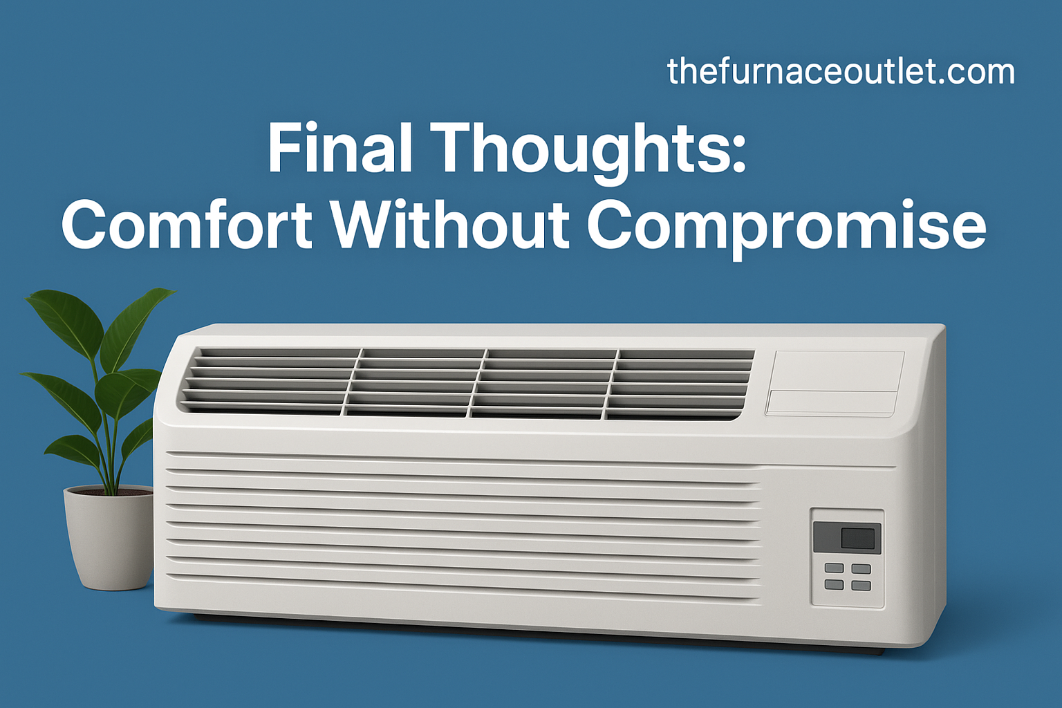 A digital advertisement for Packaged Terminal Air Conditioners (PTAC) from The Furnace Outlet features a sleek white unit with control panel, a potted plant, and the phrase "Final Thoughts: Comfort Without Compromise" on a blue background with thefurnaceoutlet.com in the corner