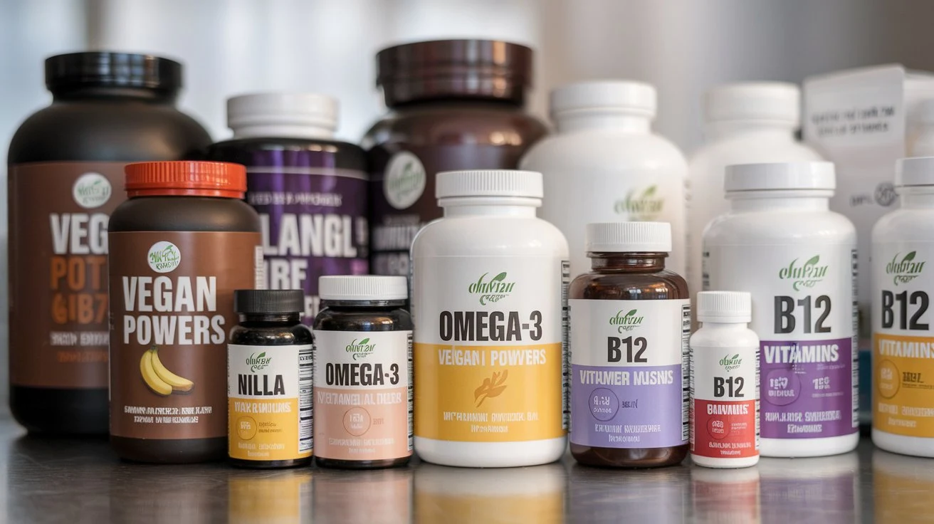 A range of vegan supplements like protein powders, omega-3 capsules, and B12 vitamins displayed on a clean surface.