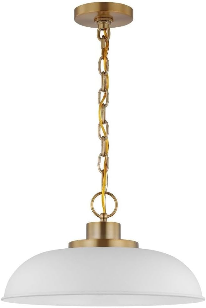 A brass and glass pendant light with a simple chain and dome-shaped shade.