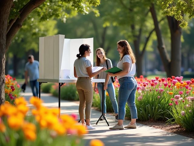 A serene voting booth surrounded by colorful flowers, with smiling volunteers assisting voters in a sunlit park, conveying trust and community spirit.