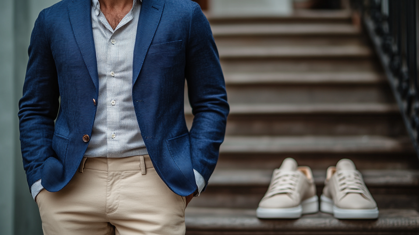 On the left side, a navy blazer with beige chinos, smart-casual and stylish, casually draped. On the right side, minimalist sneakers, simple and clean, adding a relaxed yet sharp contrast. The background is calm, with soft lighting, creating an effortlessly elegant and cool mood.