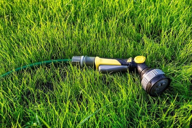 A watering gun lying on young grass with a hose attached