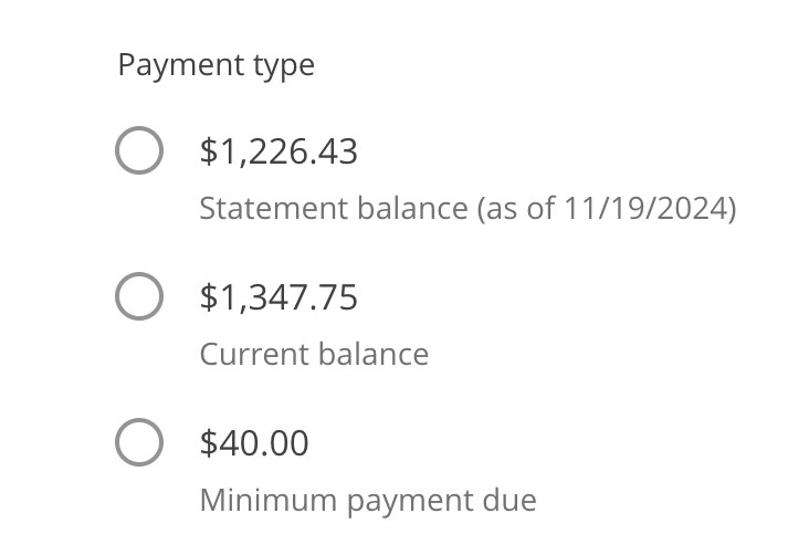 Illustration of credit card statement balance, current balance, minimum payment due.