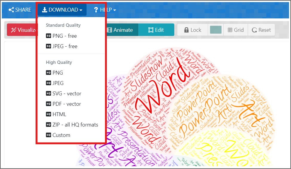 Wordart.com window with Download option highlighted. Standard Quality and High Quality Download options are showing. 