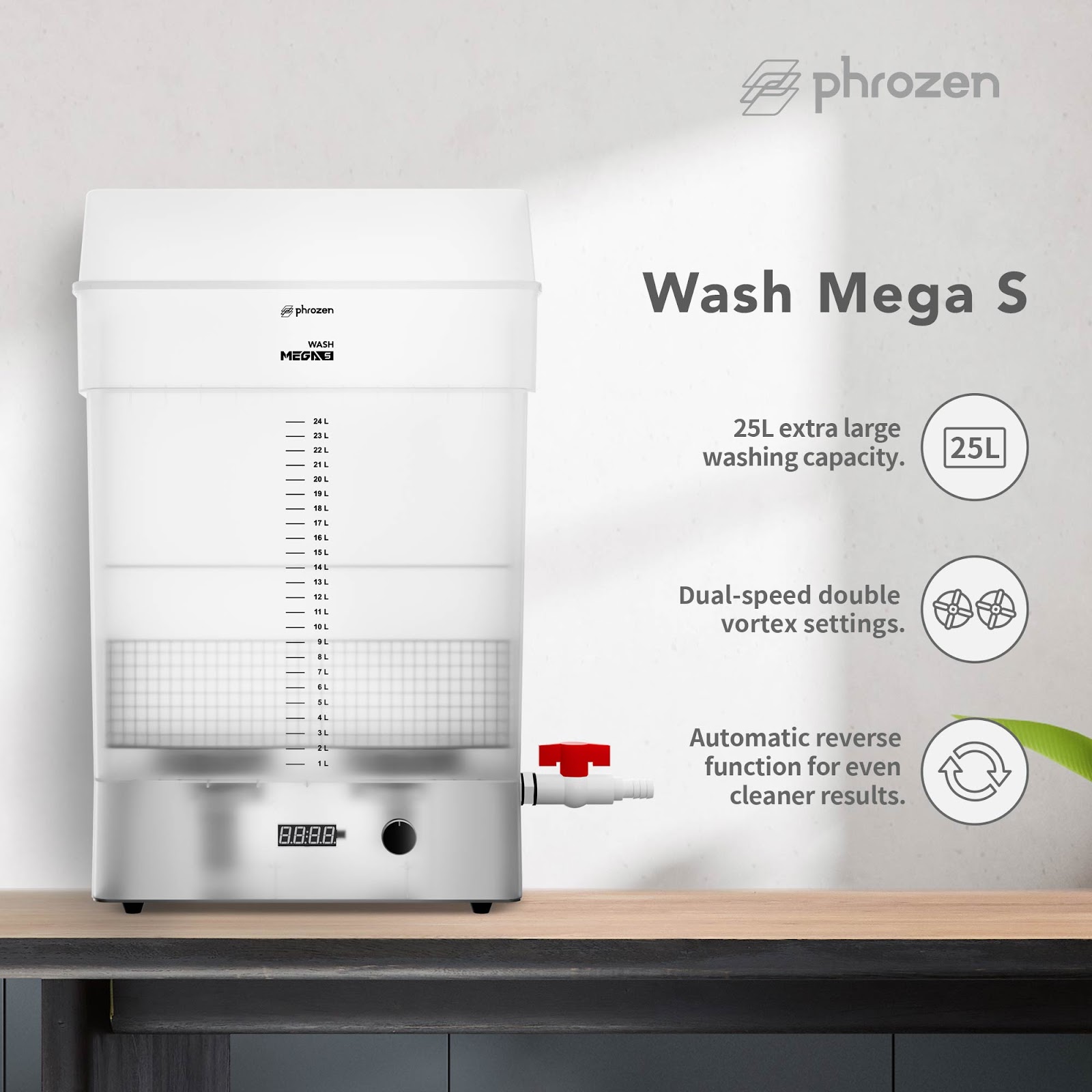 Phrozen Wash Mega S resin cleaning station with 25L capacity, featuring dual-speed vortex settings and automatic reverse function.