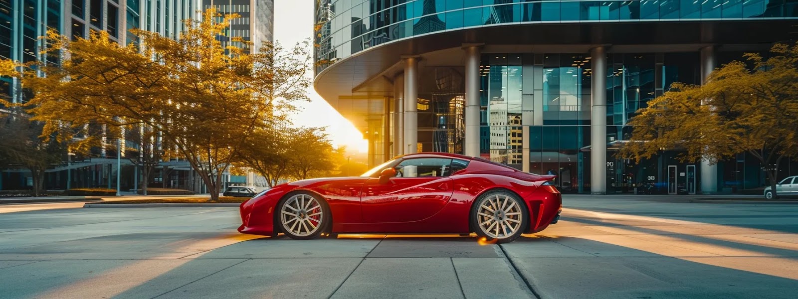 a shiny red sports car parked in front of a modern office building in downtown tulsa, oklahoma.