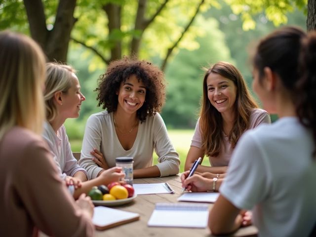 A serene outdoor scene with a diverse group of individuals engaged in a health coaching session, surrounded by trees and nature. They are smiling and interacting positively, showcasing a supportive atmosphere. A notebook, fresh fruits, and a water bottle are visible on a nearby table.