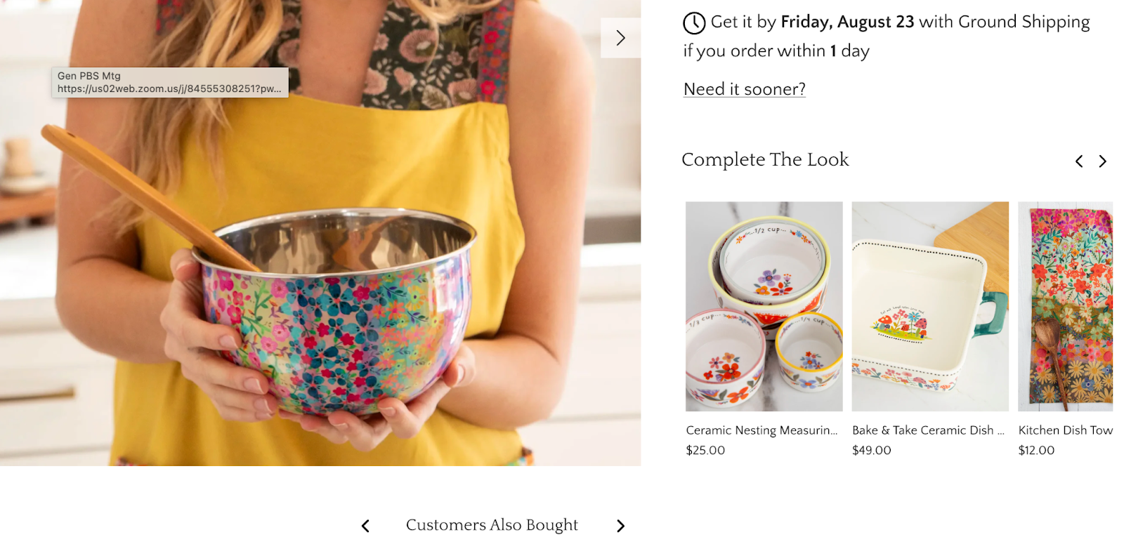 A stock photo of a woman holding a colorful baking bowl. Beside the photo is a screenshot of an online shopping page with products and delivery dates listed. FileMaker AI script steps can help produce accurate product recommendations.