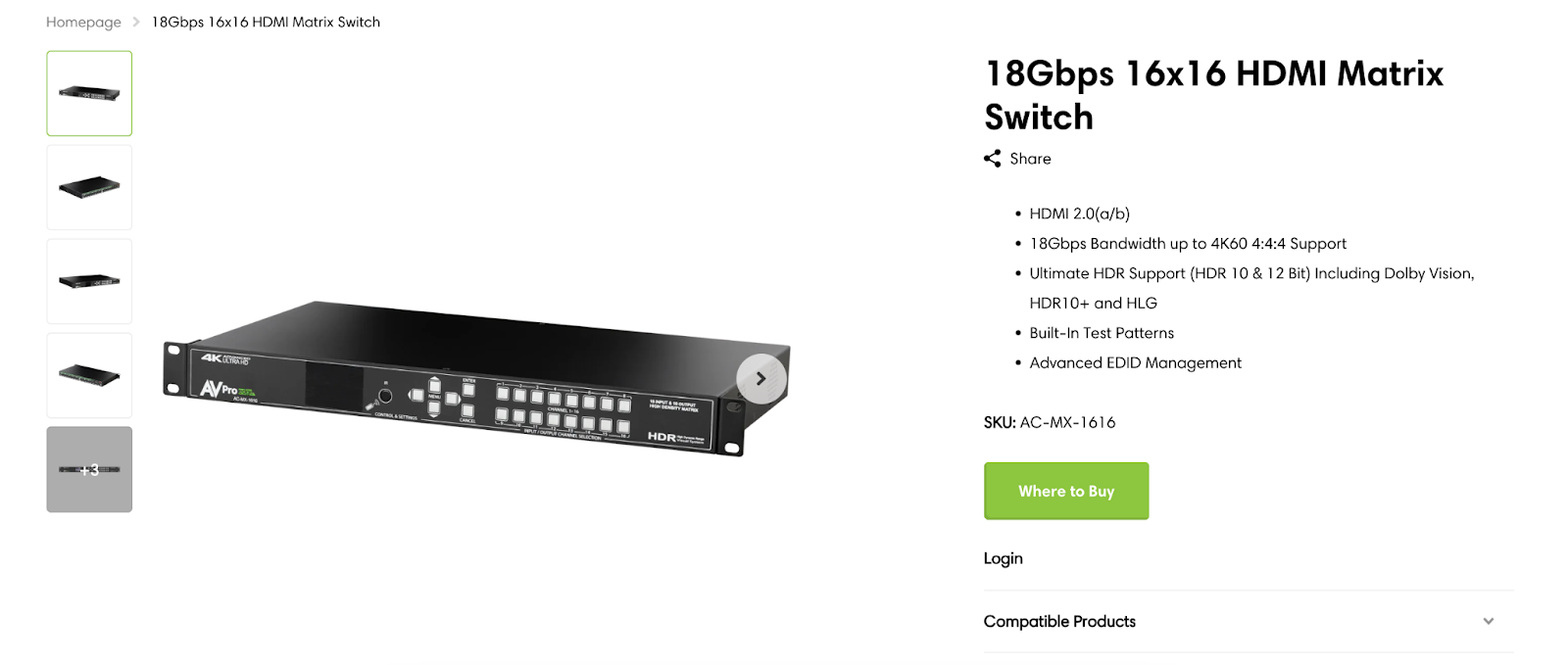 Screenshot of AVPro 18Gbps 16x16 HDMI switch - Best HDMI switch for enterprise deployments.