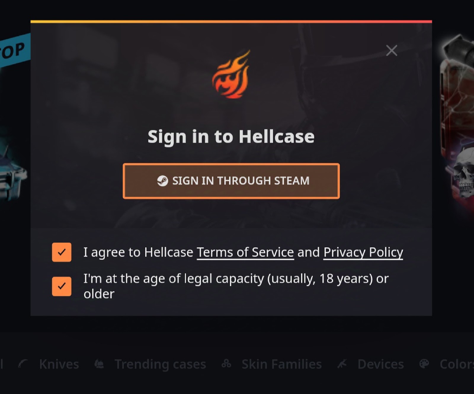 Hellcase sign-in interface