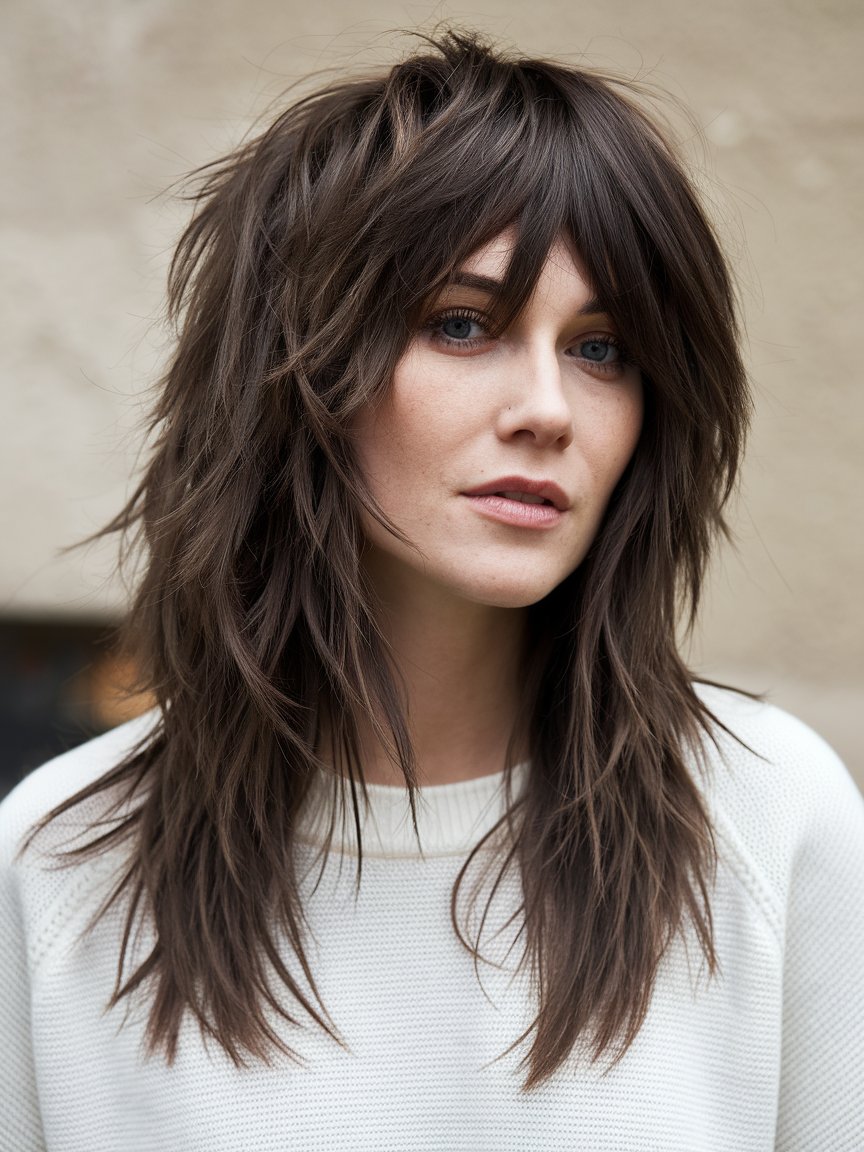 18. Razor-Cut Layers with Jagged Bangs