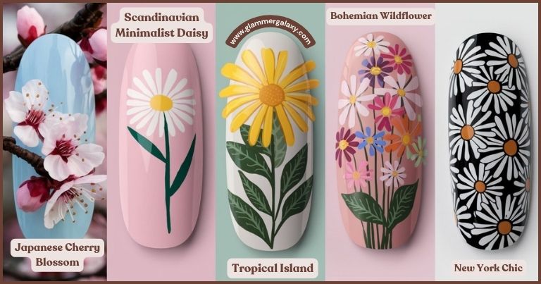 Four nail designs with daisy motifs, labeled Scandinavian, Bohemian, Japanese, and New York styles, showcasing global influences.