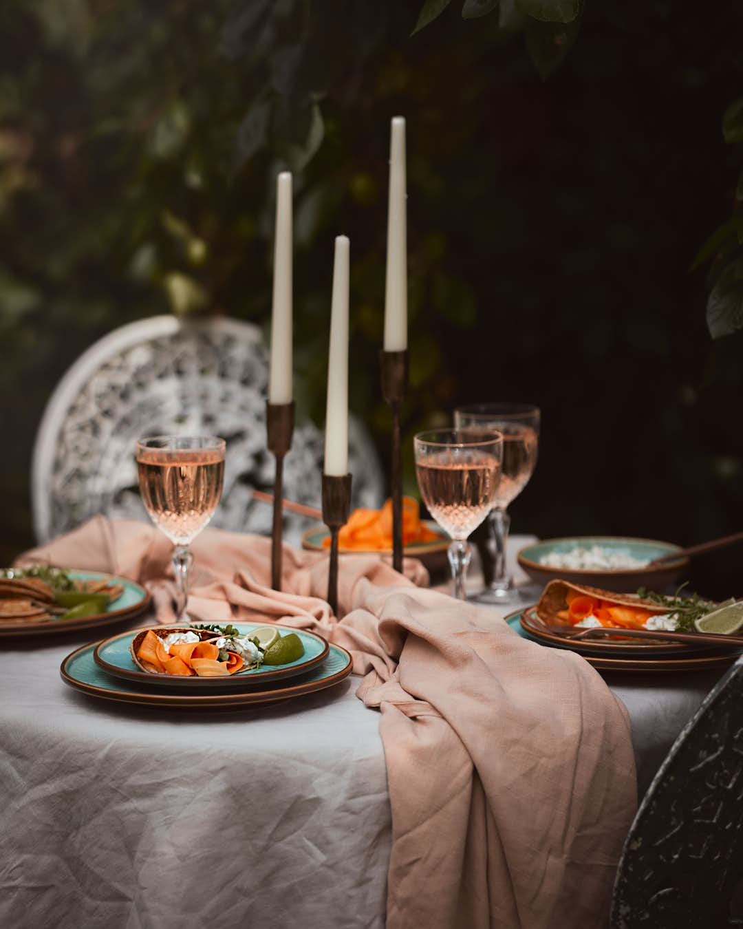 Seasonal table setting with salmon table cloth by What a Host Home