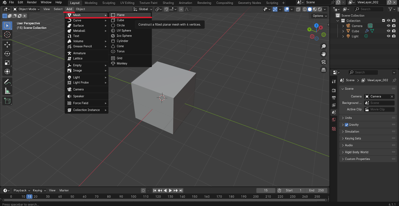 новый объект на рабочей области в Blender