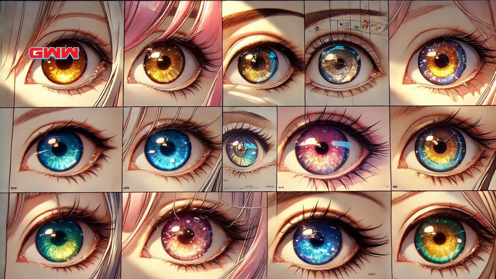 Close-up of anime eyes in various colors and detailed design elements.