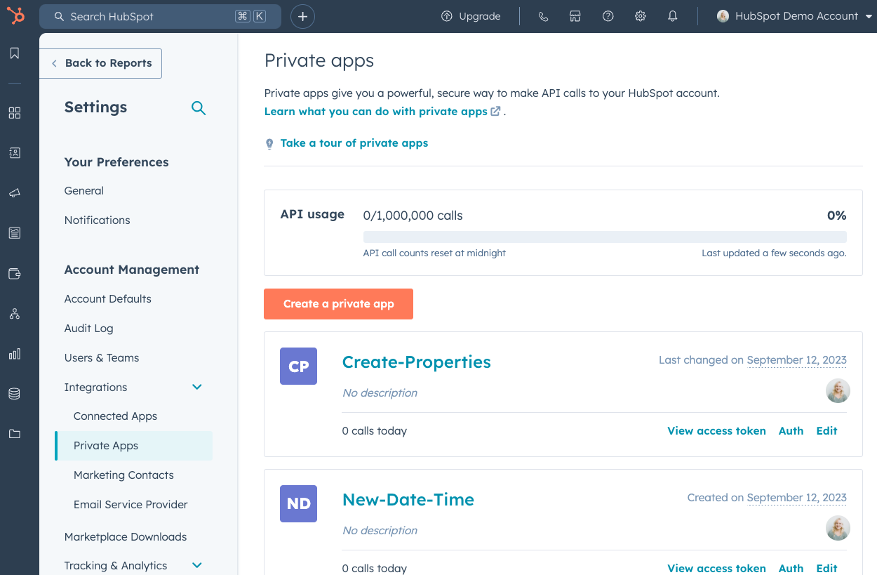 Where to manage private apps in HubSpot