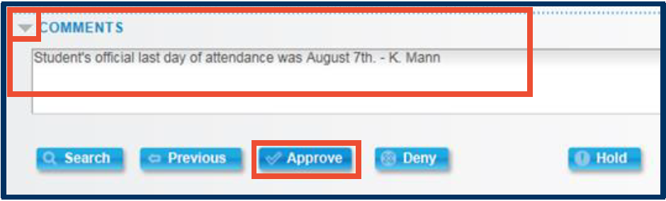 Arrow next to Comments to enter text in the Comments box and "Approve" button emphasized with red box highlight.