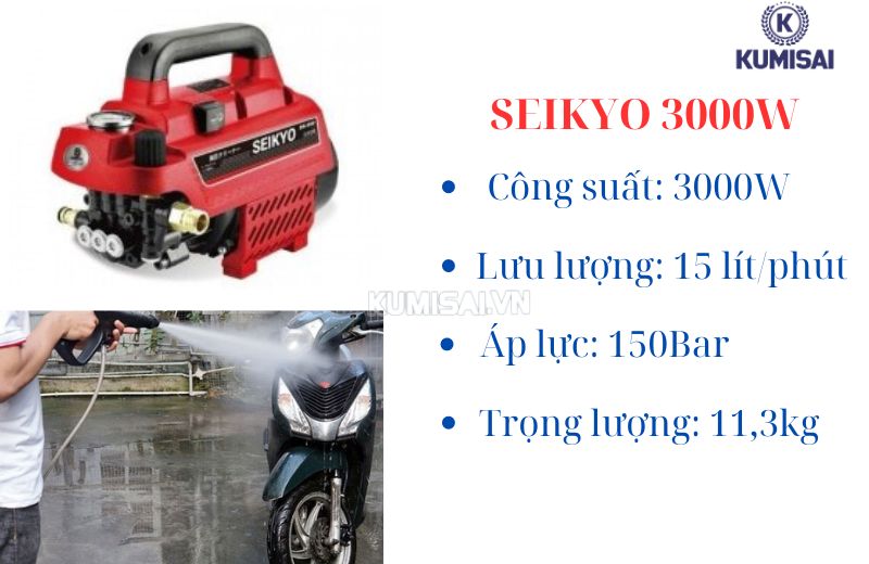 Máy rửa xe Seikyo 3000W vận hành mạnh mẽ, hiệu quả