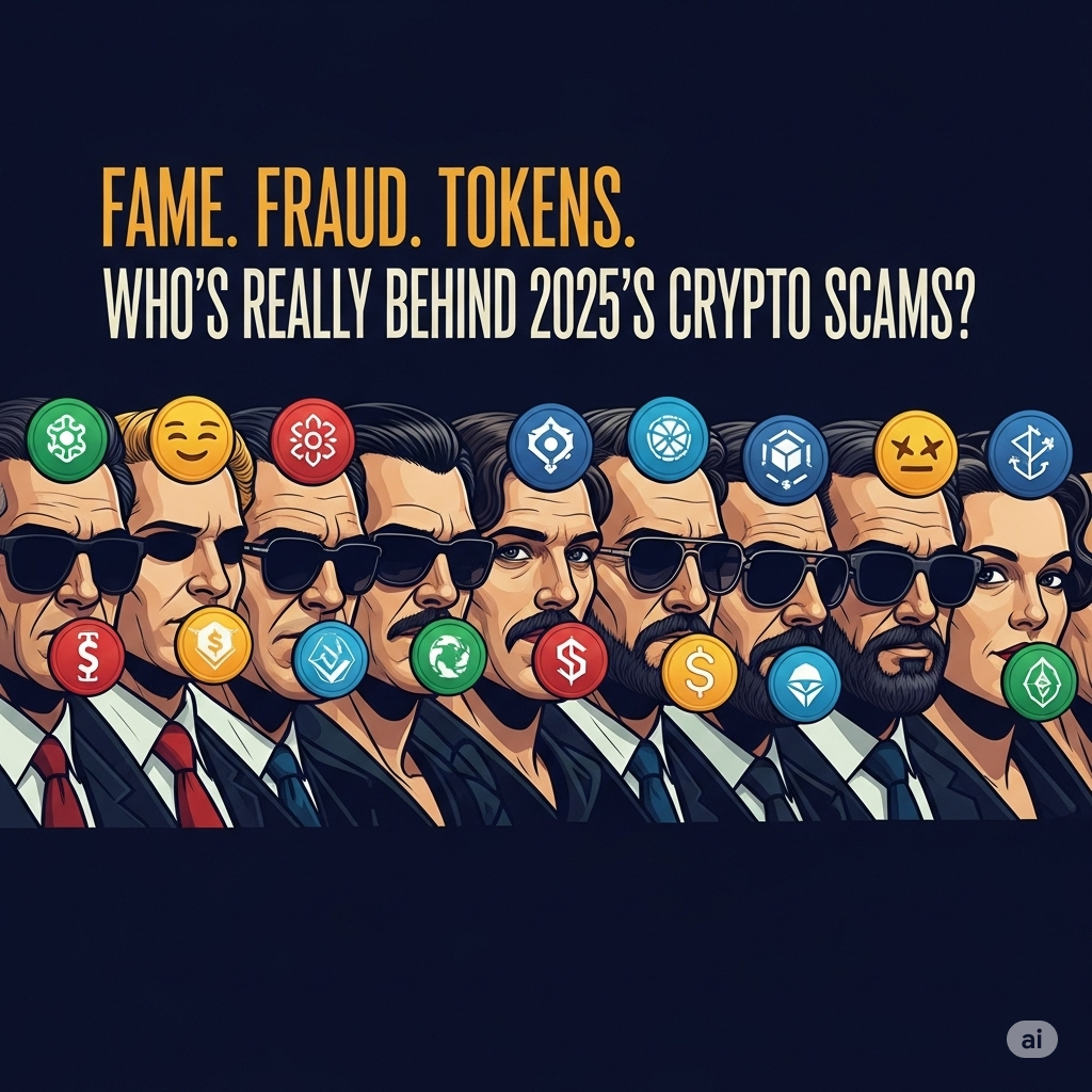 Silhouetted collage of celebrities involved in 2025 crypto controversies