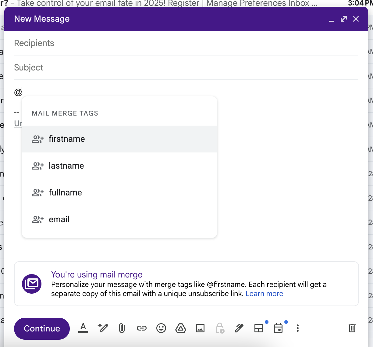 Gmail mail merge adding merge tags 