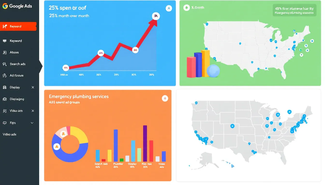 A budget planning chart for a plumbing company's Google Ads campaign.