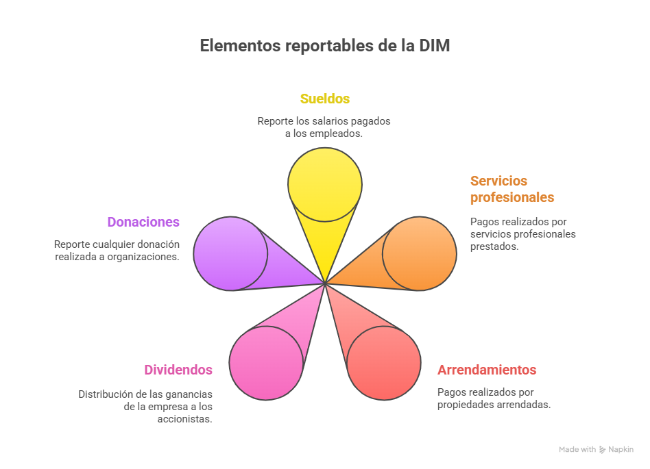Diagrama de los elementos reportables en la DIM: sueldos, servicios profesionales, arrendamientos, dividendos y donaciones