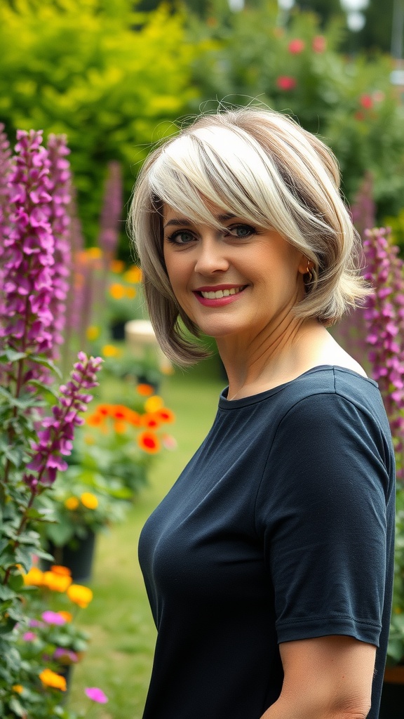A woman with an asymmetrical haircut and highlights, smiling in a colorful garden.