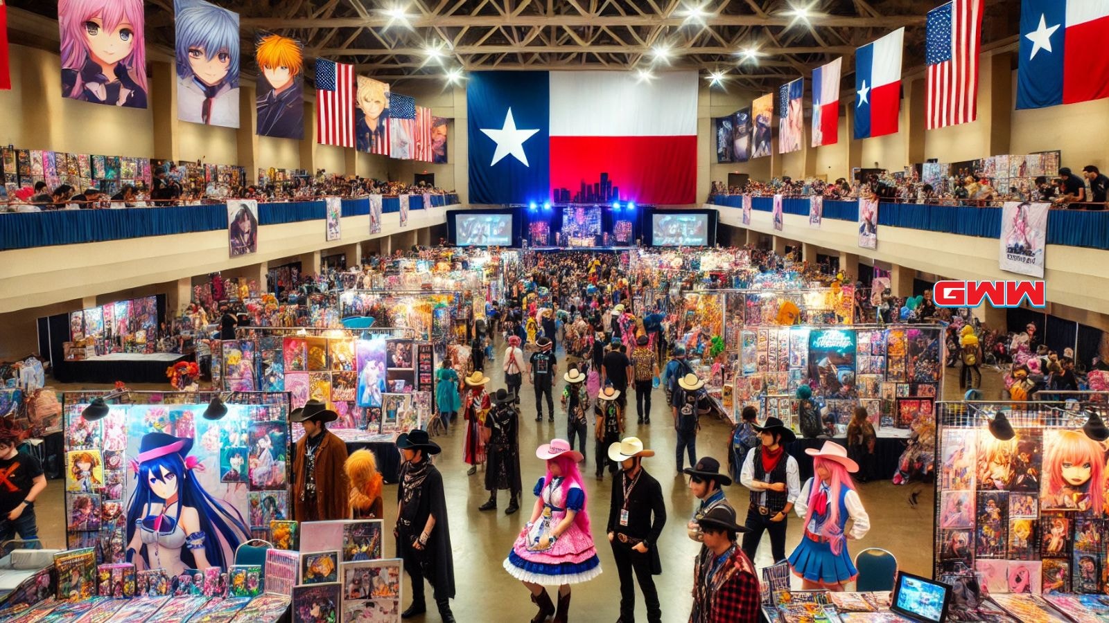 A vibrant and bustling scene of a popular anime convention with diverse attendees enjoying the event