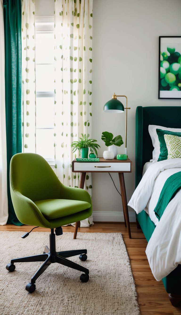 An avocado green desk chair sits in a cozy bedroom with 23 green-themed decor ideas