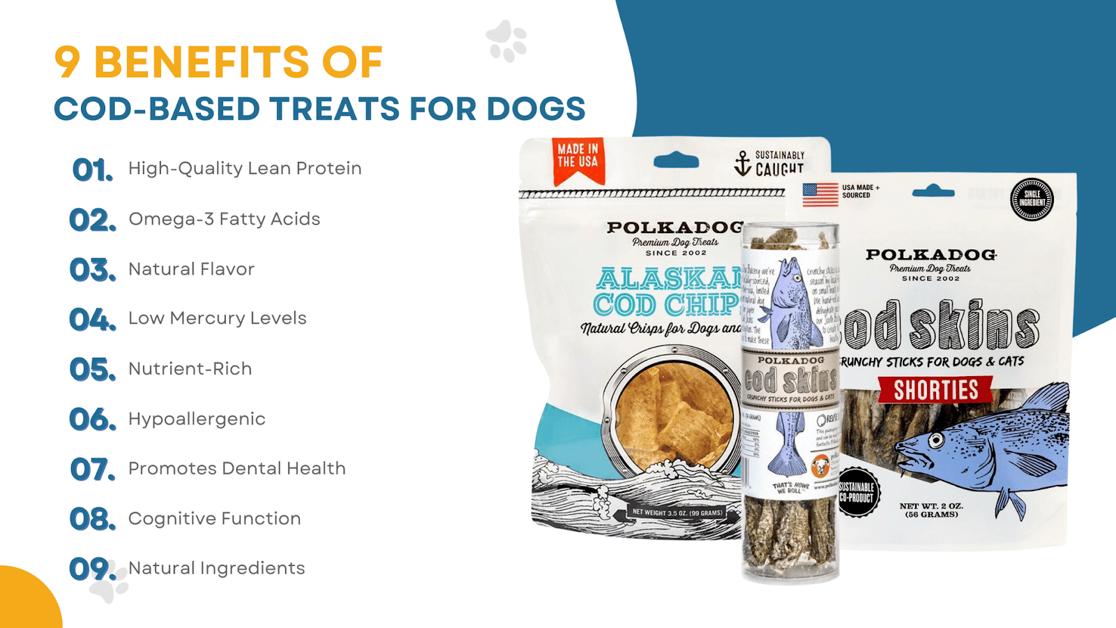 This infographic details 9 benefits of cod-based treats for dogs